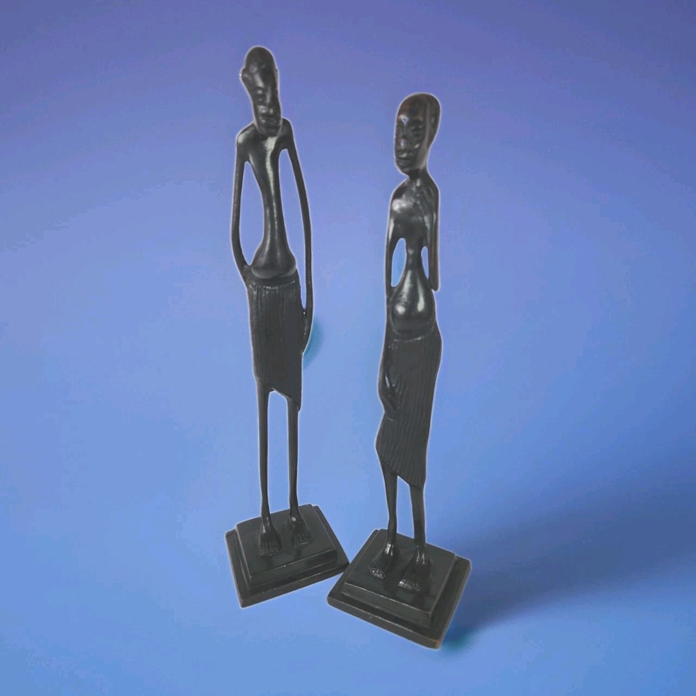 Set 2 Vintage African Lost Wax Cast Bronze Couple Elongated Statues 10" & 11"